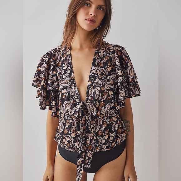 NEW Free People Call Me Later Printed Bodysuit In Black Combo - Picture 4 of 14